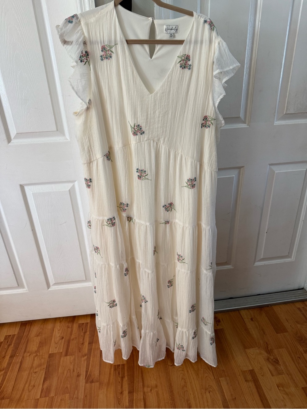 Wonderly Cream Maxi Dress with Pink & Green Floral Embroidery